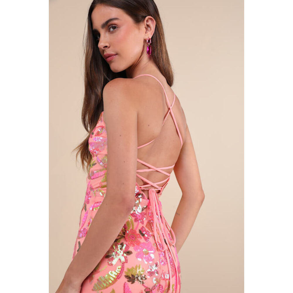 Lulus Glittering Icon Pink Iridescent Sequin Lace-up Mini Dress - Size M